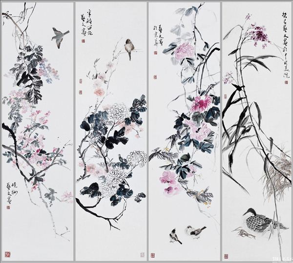 318,318艺术,艺术品网站,艺术品交易,,容艺文,国画,《花鸟四条屏》